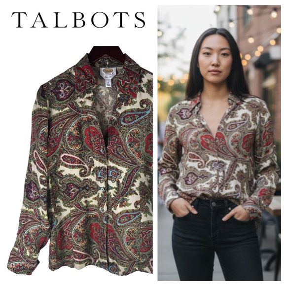 Talbots Shirt Top Blouse Button Down 16 Petite 16P XLP Paisley 100% SILK Career - Picture 1 of 5